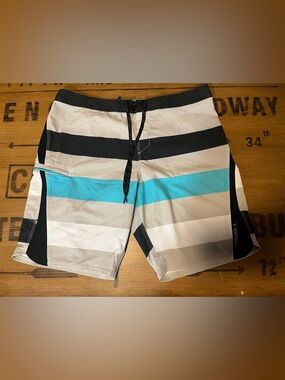 Striped Beige & Aqua Men's Swim Board Shorts